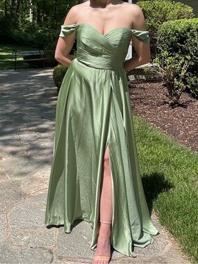 Off-Shoulder Sage Green Evening Dress with Front Slit